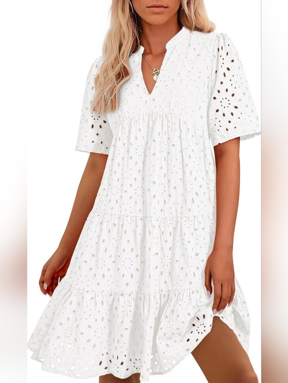 White Boho Embroidered Lace Eyelet Tiered Summer Mini Dress- Full & Plus Sizes - Picture 2 of 9